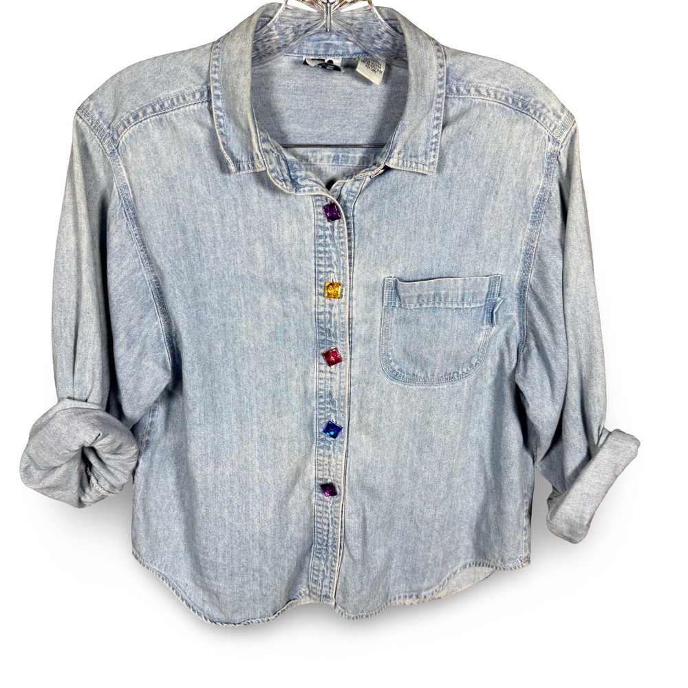 Vintage Gitano Womens XL Denim Button Down Shirt Gem Rhinestone Buttons Blue 90s